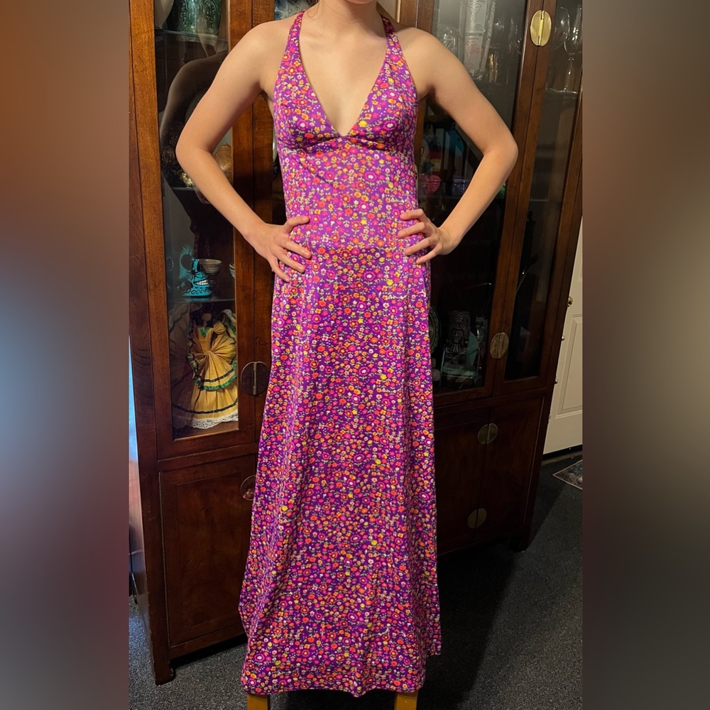 Vtg 70s Disco Hippie Maxi Dress Halter Low back Pink floral psychedelic - Picture 2 of 10